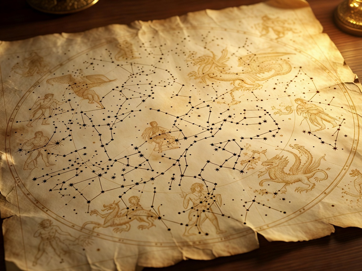 Ancient star chart illuminated by golden light