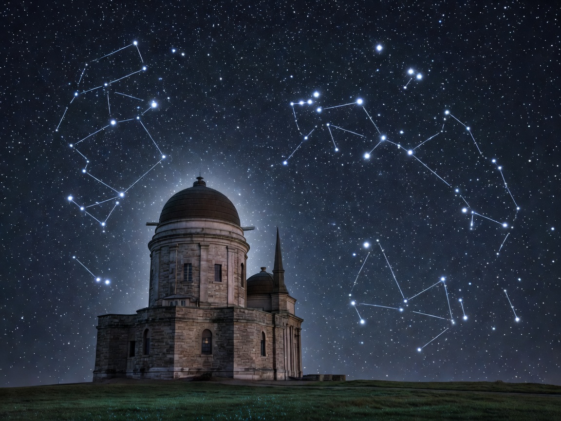 Royal observatory tower beneath glowing constellations